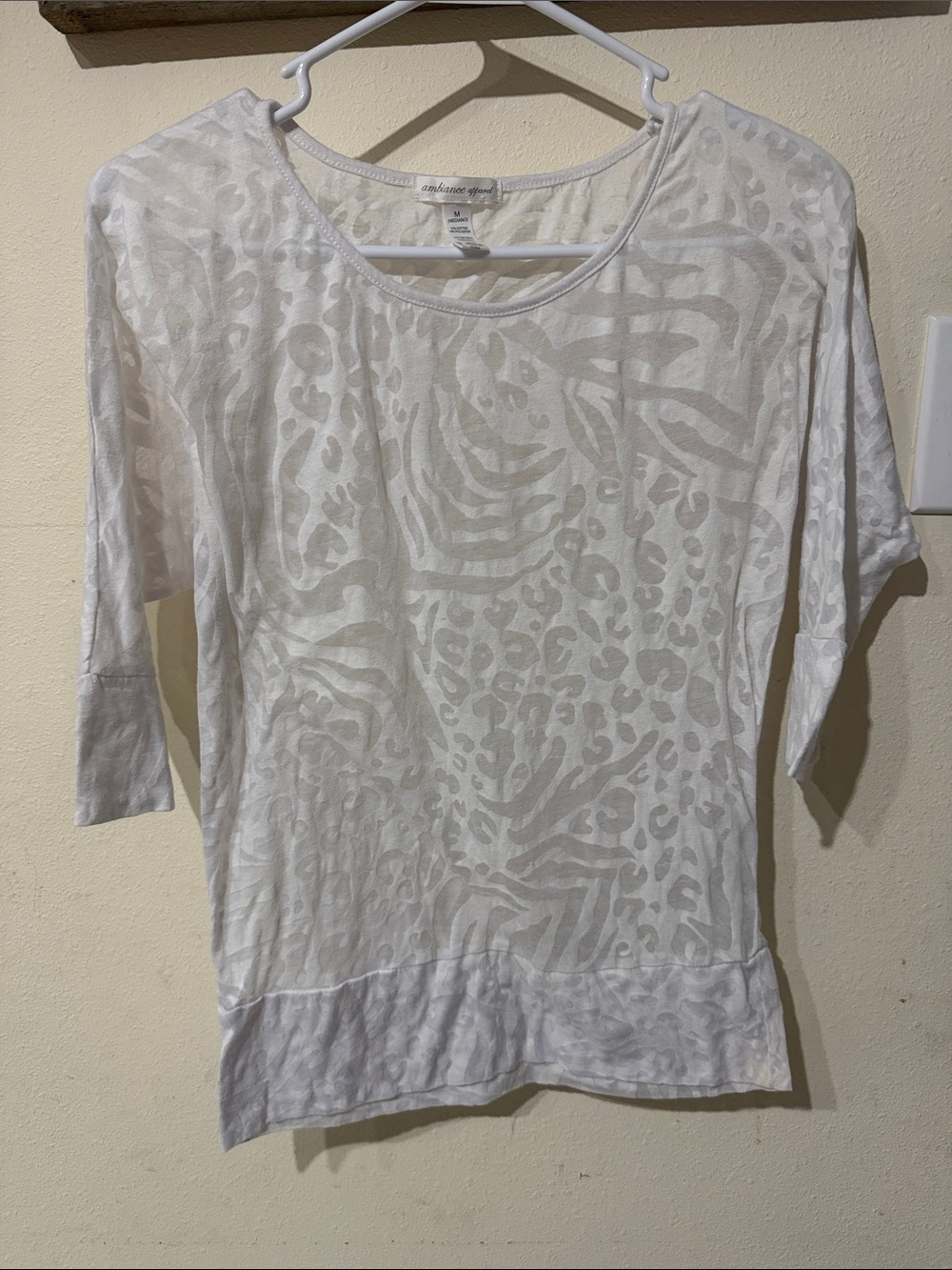 Ambiance White Sheer Animal-Print Zebra Leopard Boatneck Short Sleeve Top